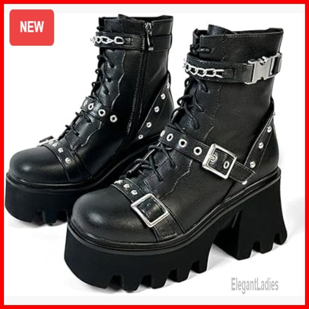 Goth Platform Ankle Boots with Buckle Zipper Chunky Heel Punk Shoes